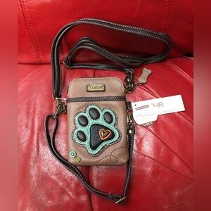 Chala Handbags Convertible Pouch/Purse/Crossbody Pawprint Tan/Dark Brown NEW
